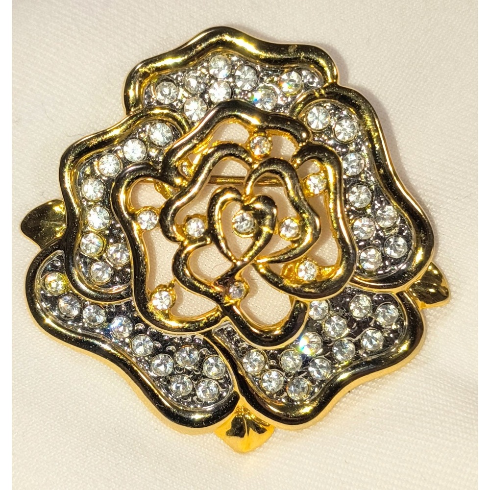 Rose Flower Motif, Vintage-inspired‎ Style, Gold Tone, Rhinestone, 1.5" x 1.5"